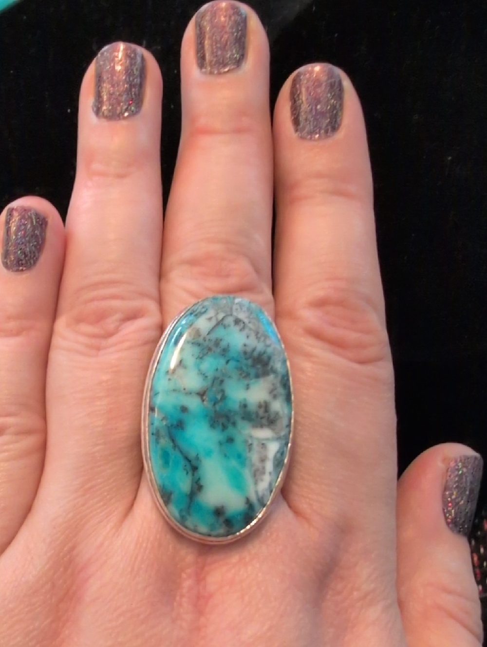 Blue And White Dendritic Opal Ring